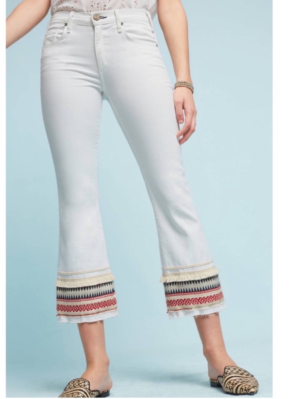 Anthropologie McGuire White Ambrosio Mid-Rise Embroidered Cropped Boot Jeans